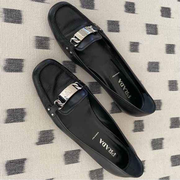 Prada Loafers. Black Loafers with Silver Tone Logo and Chain Detail. - Picture 3 of 3